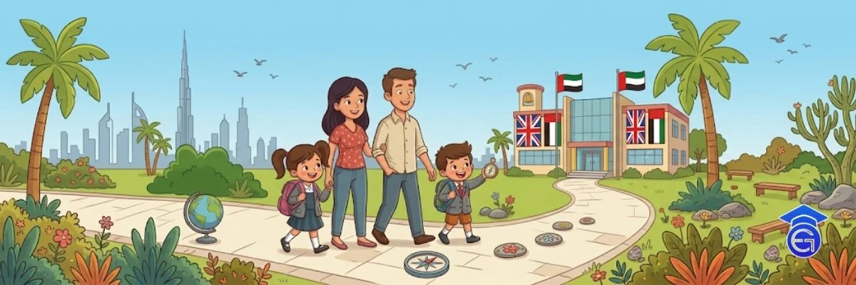 Parent and child reviewing British curriculum school options in the UAE